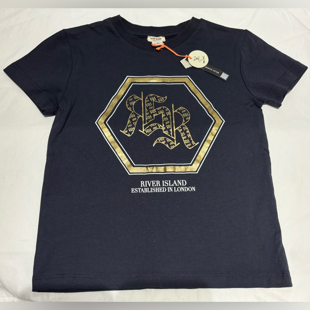 NWT River Island Kids Dark Blue Tee with Gold Design